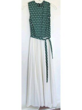Vintage 60s 70s Polka Dot Maxi Dress Green White Pleated Sleeveless Belted XS/S